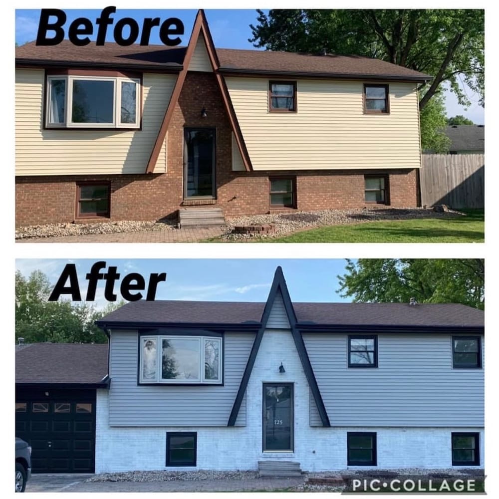 Brick and tan home painted gray and white